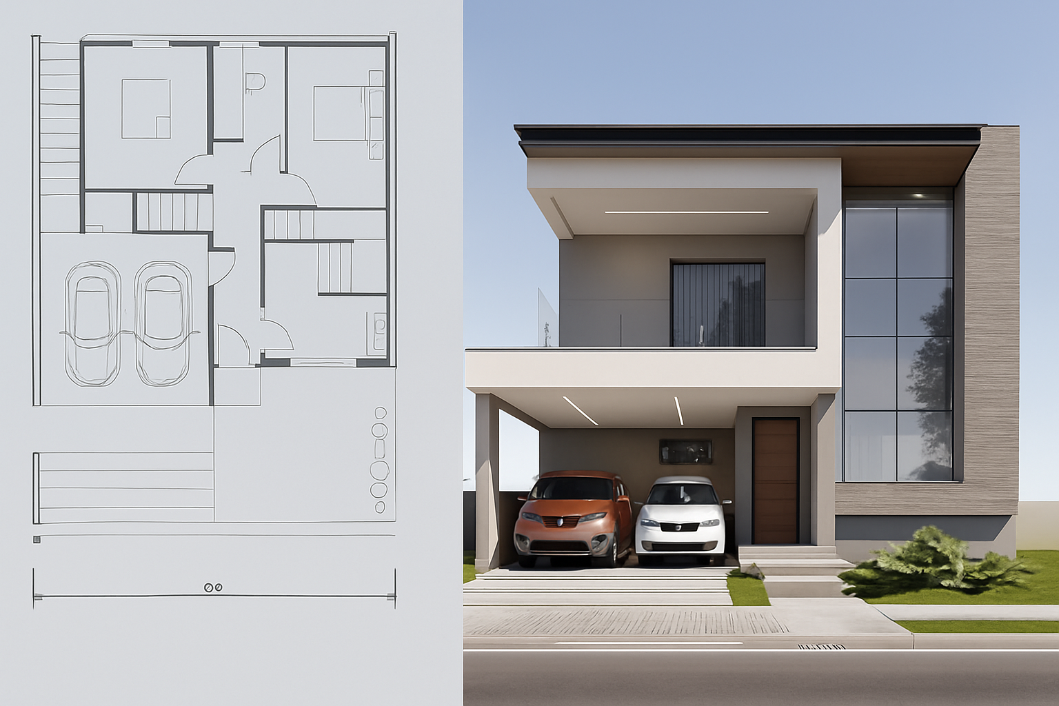 Thiết kế nhà 2 tầng có gara ô tô kèm thiết kế