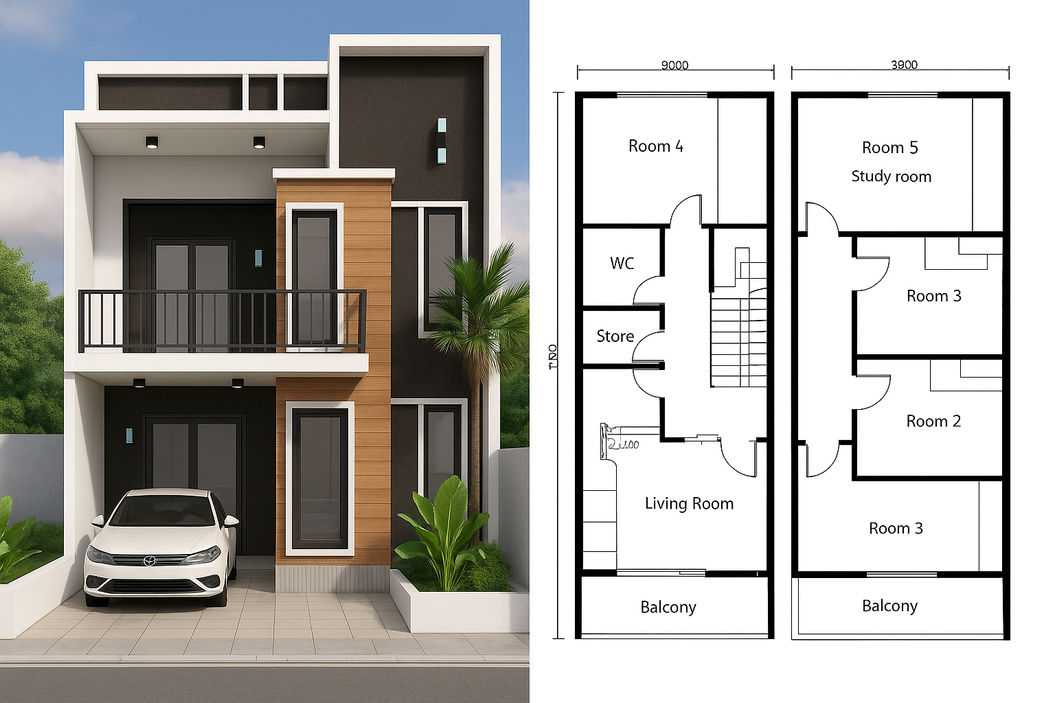 Mẫu nhà 7x15m có gara và sân vườn